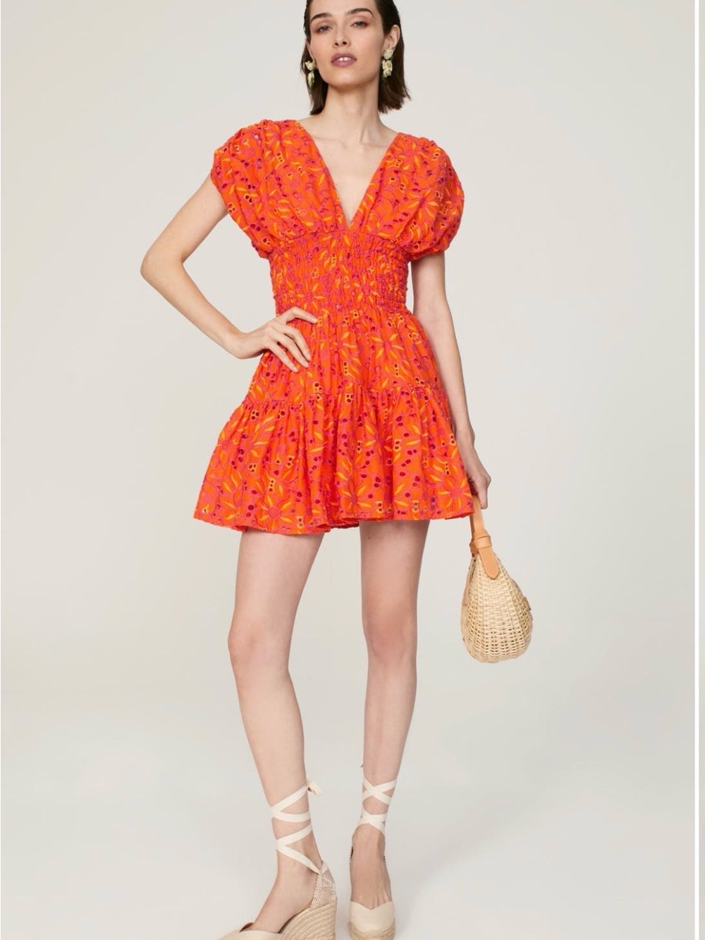 Orange Floral Puff-Sleeve Smocked Mini Dress